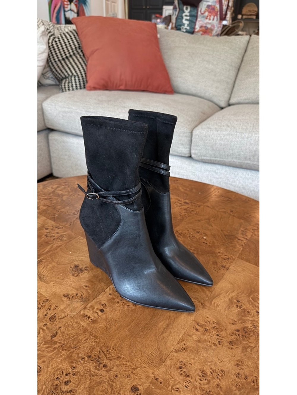 Guess Women's Black Leather and Suede Wedge Ankle Boots Size 6.5